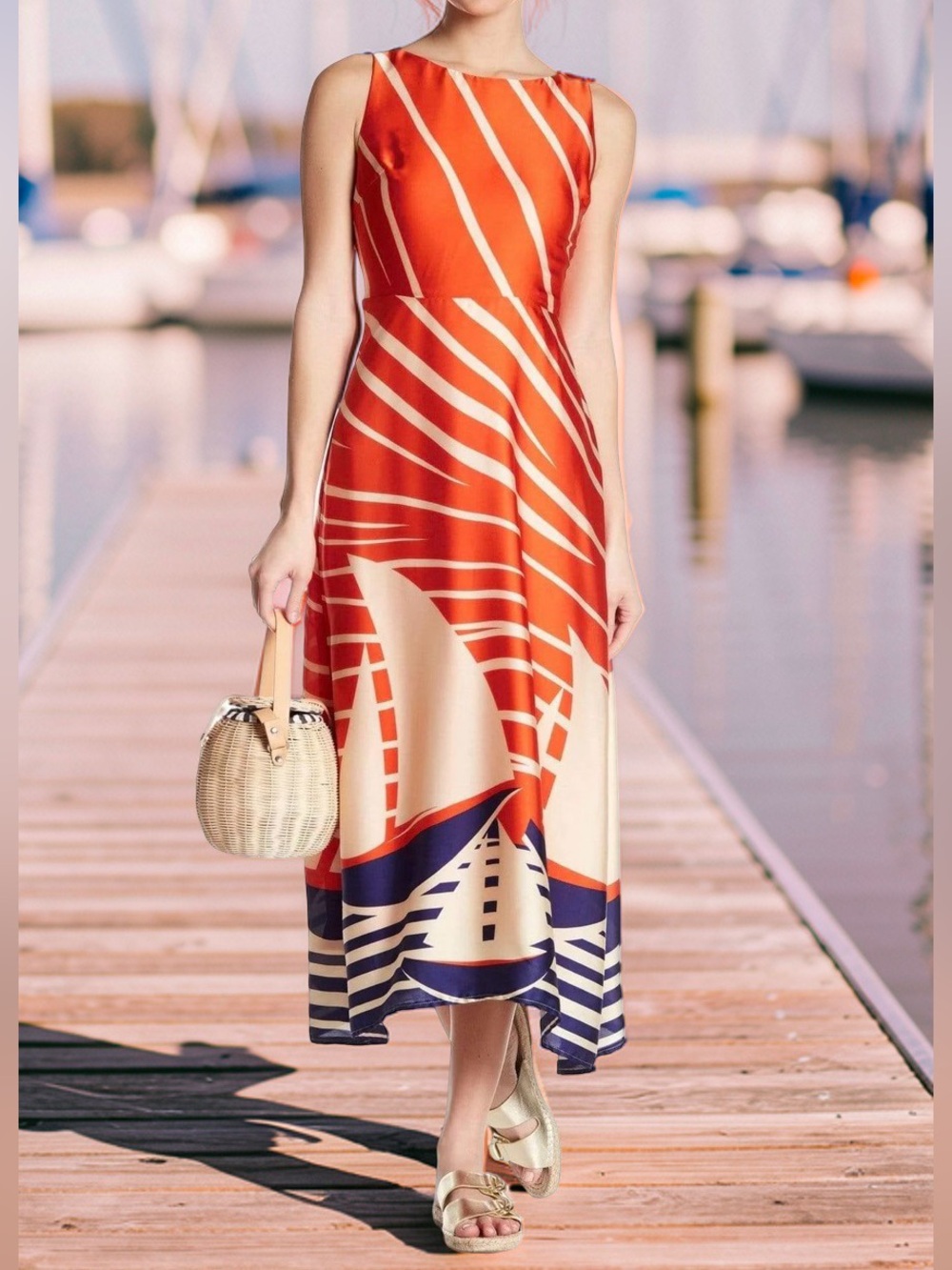 Eva Franco Orange Nautical Sailboat Print Midi Dress NWOT Size 6